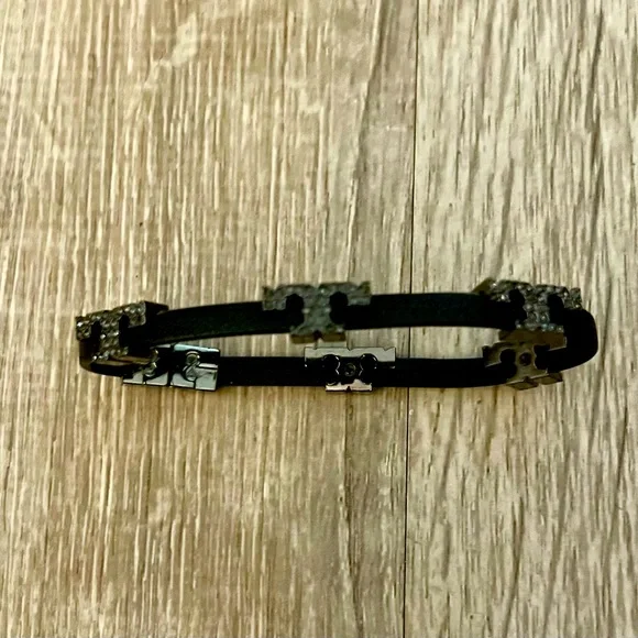 Tory Burch Serif T Bracelet with Pave Stones and Black Leather